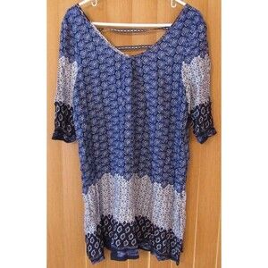 Velzera Short Sleeve Tunic Dress Blue/White BOHO Print Size Small NWT